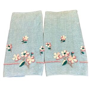 Vintage Blue 2pc Martex Chenille Floral Bath Towel *Flaws Craft Cutter Fabric